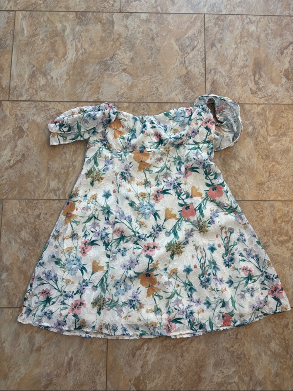 wild fable White Floral Puff-Sleeve Dress with Green and Pink Accents